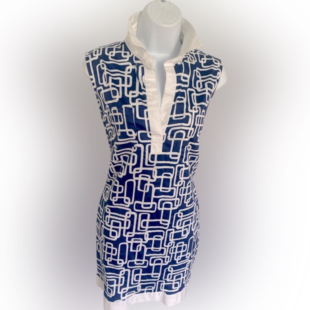 Tizzie Blue and White Geometric Dress - M blue white. Cotton spandex